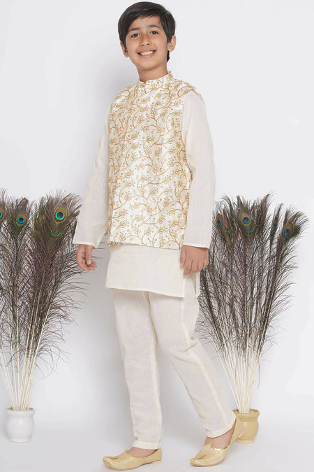 Little Bansi Banarsi Silk Floral Embroidery Jacket with Cotton Kantha kurta and Kantha Pyjama - Cream