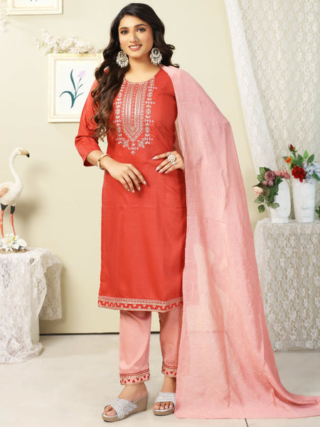 Vamika Chinon Embroidery Orange Party Wear/Casual Wear/Office Wear Kurta Set/Suit