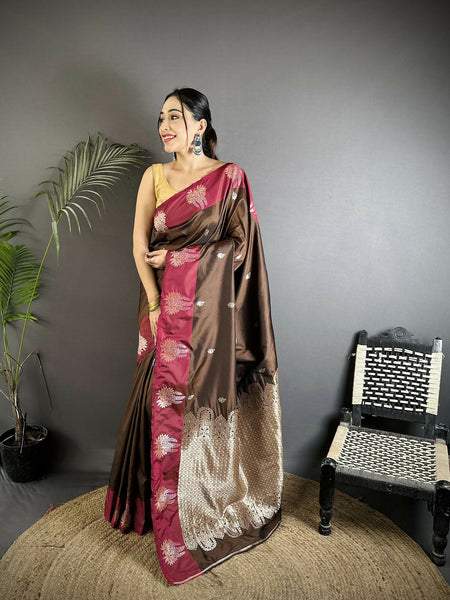 Joban Fashion Brown Small Butti Soft Silk Banarasi Saree