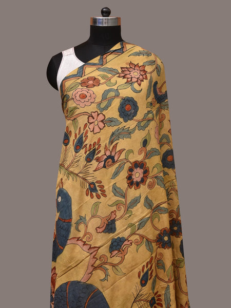 Light Yellow Kalamkari Hand Painted Silk Handloom Dupatta with Floral and Peacocks Design - Global Threads