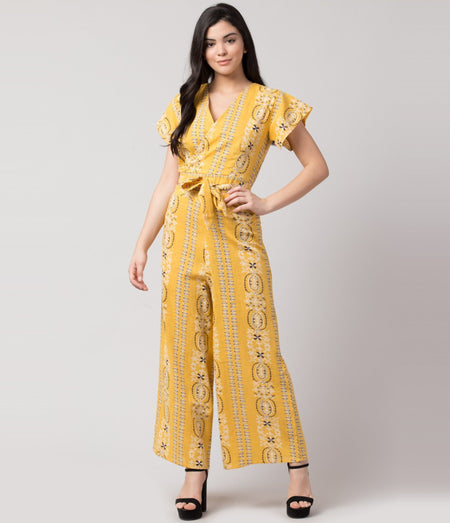 PAVONINE Mustard Color Printed Crop Top And Flared Palazzo Set For Girls & Women