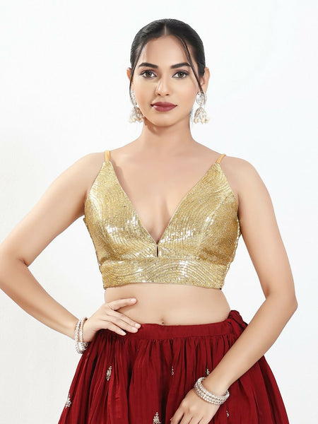 Joban Fashion Gold Sequins Padded Blouse With V Neck Sleeveless