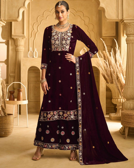 Anaita Maroon Embroidered Work Velvet Stitched Plazo Suit