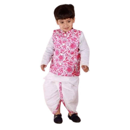 Little Bansi Boys Pink and White Color Bengali Kantha work floral Jacket with Kurta and Dhoti