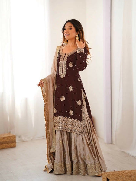 Lehenga Mart Designer Sharara Suit With Kurta, Sharara, Dupatta For Women-Brown