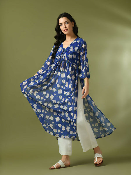 Myshka Women's Blue Printed Georgette A-Line Nyra-cut Kurta