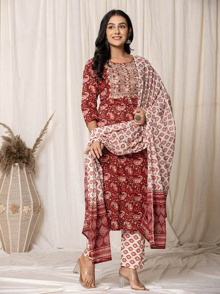 Yufta Maroon Paisley Pure Cotton Straight Kurta And Trouser With Dupatta