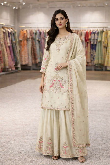 Teeya Creation Cream Chinnon Designer Embroidery Work Party Wear Salwar Suit