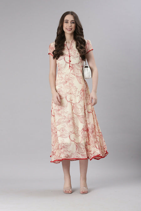 Souchii Floral Tiered Midi Dress For Women ā Elegant Beige Button-Front A-Line