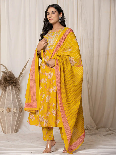 Yufta Mustard Cotton Dori_Embroidery Anarkali Kurta Dupatta Set