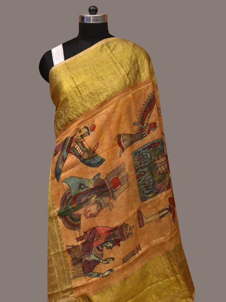 Mustard Kalamkari Hand Painted Kanchipuram Silk Handloom Dupatta with Egyptian Design - Global Threads