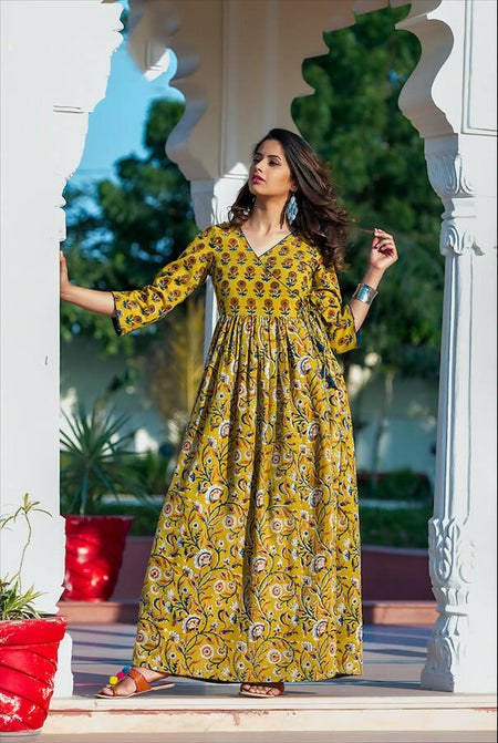 Partywear Designer Yellow Pure Maslin Gown - Anbazaar
