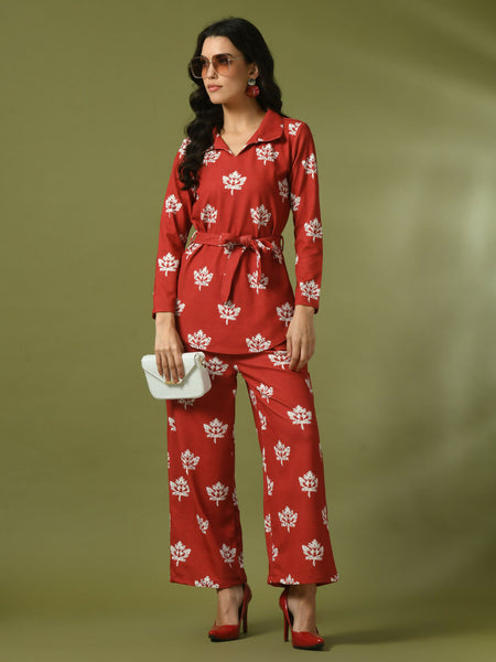 Myshka Women's Rust Printed Polo Collar Party Top With Trousers Co-ord set