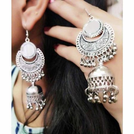 MS Fashion India Traditional Oxidized Silver Jhumka Mirror Earrings