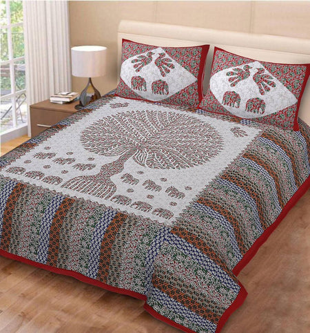 Vamika Printed Cotton Red Tree Stripe Bedsheet With Pillow Covers (PM Treestripe Red)