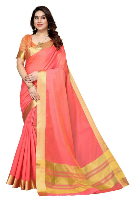 Vamika Peach Cotton Polyester Silk Weaving Saree