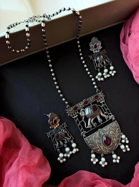 Joban Fashion Women Oxidize Black Polish Oxidized Elephant Pendant Necklace With Earring Set