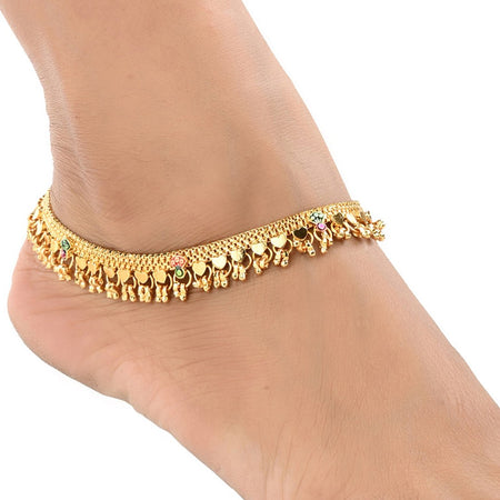 AanyaCentric Gold-Polished White Metal Payal Indian Traditional Ethnic Fashion Imitation Jewellery Foot Chain