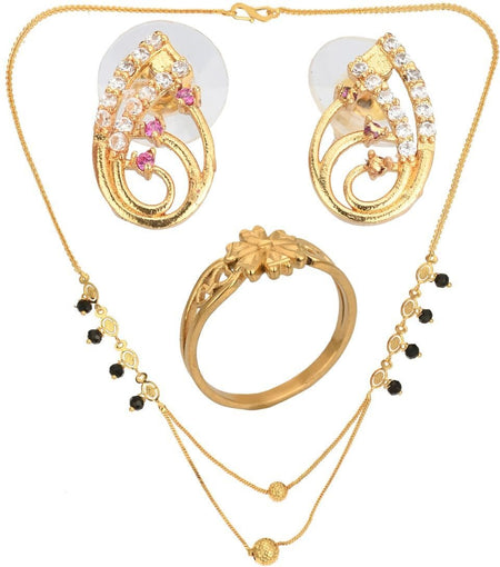 AanyaCentric Gold-Polished Jewelry Combo: Elegant Short Mangalsutra, Finger Ring, and American Diamond Earrings Set
