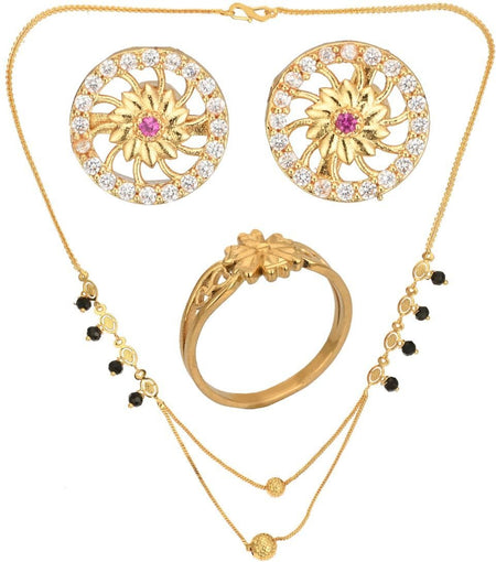 AanyaCentric Gold-Polished Jewelry Combo: Elegant Short Mangalsutra, Finger Ring, and American Diamond Earrings Set