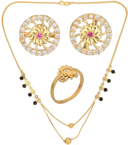 AanyaCentric Gold-Polished Jewelry Combo: Elegant Short Mangalsutra, Finger Ring, and American Diamond Earrings Set