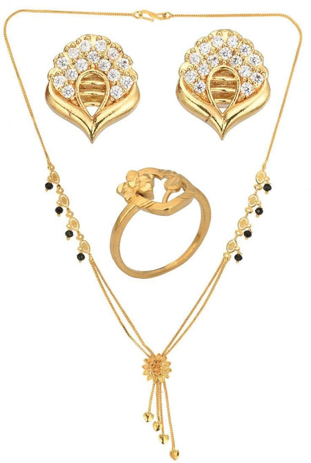 AanyaCentric Gold-Polished Jewelry Combo: Elegant Short Mangalsutra, Finger Ring, and American Diamond Earrings Set
