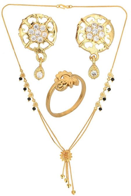 AanyaCentric Gold-Polished Jewelry Combo: Elegant Short Mangalsutra, Finger Ring, and American Diamond Earrings Set