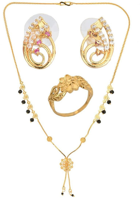 AanyaCentric Gold-Polished Jewelry Combo: Elegant Short Mangalsutra, Finger Ring, and American Diamond Earrings Set