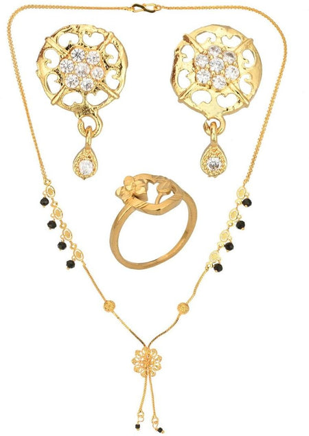 AanyaCentric Gold-Polished Jewelry Combo: Elegant Short Mangalsutra, Finger Ring, and American Diamond Earrings Set