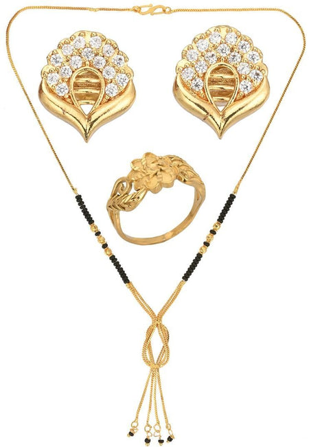 AanyaCentric Gold-Polished Jewelry Combo: Elegant Short Mangalsutra, Finger Ring, and American Diamond Earrings Set