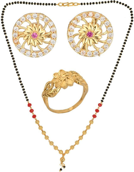 AanyaCentric Gold-Polished Jewelry Combo: Elegant Short Mangalsutra, Finger Ring, and American Diamond Earrings Set