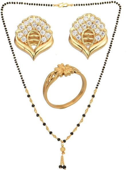 AanyaCentric Gold-Polished Jewelry Combo: Elegant Short Mangalsutra, Finger Ring, and American Diamond Earrings Set