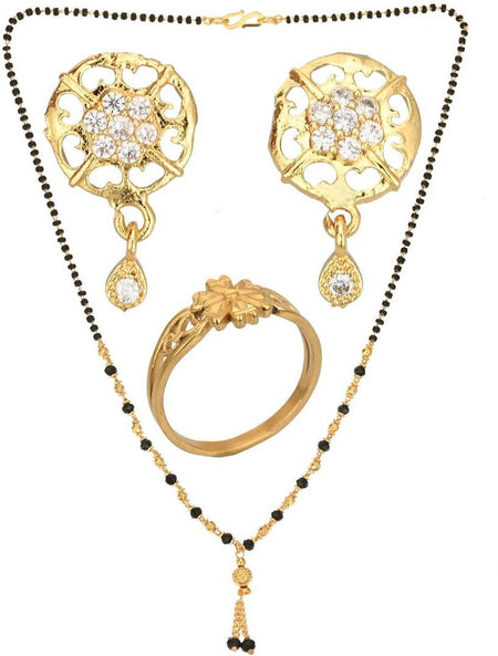 AanyaCentric Gold-Polished Jewelry Combo: Elegant Short Mangalsutra, Finger Ring, and American Diamond Earrings Set