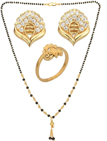 AanyaCentric Gold-Polished Jewelry Combo: Elegant Short Mangalsutra, Finger Ring, and American Diamond Earrings Set