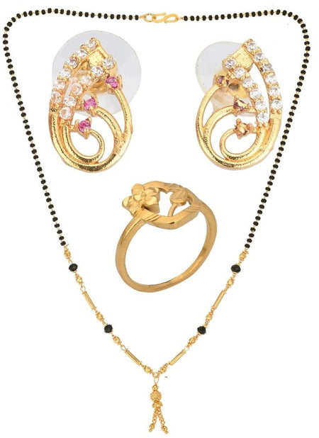 AanyaCentric Gold-Polished Jewelry Combo: Elegant Short Mangalsutra, Finger Ring, and American Diamond Earrings Set