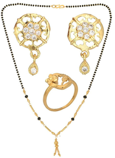 AanyaCentric Gold-Polished Jewelry Combo: Elegant Short Mangalsutra, Finger Ring, and American Diamond Earrings Set