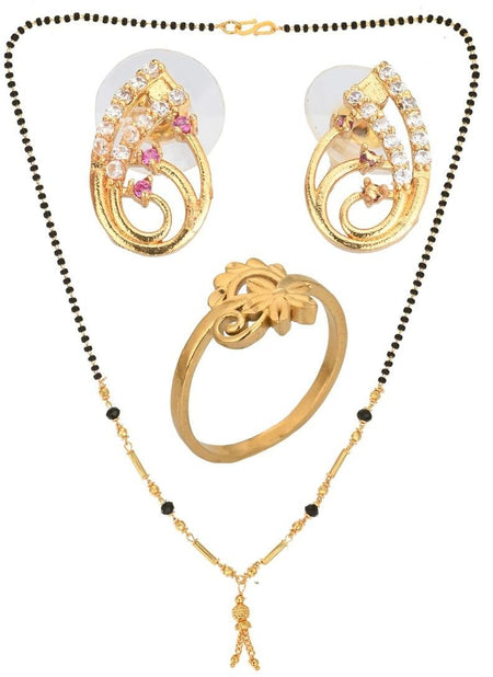 AanyaCentric Gold-Polished Jewelry Combo: Elegant Short Mangalsutra, Finger Ring, and American Diamond Earrings Set