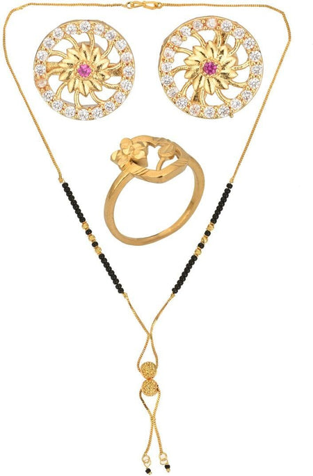 AanyaCentric Gold-Polished Jewelry Combo: Elegant Short Mangalsutra, Finger Ring, and American Diamond Earrings Set