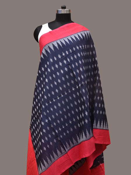 Navy and Red Pochamaplly Ikat Cotton Handloom Dupatta with Temple Border Design - Global Threads