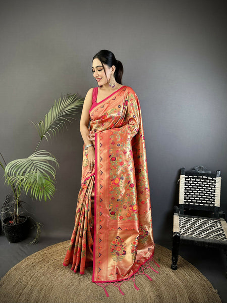 Joban Fashion Peach Floral & Leaf Motifs Soft Silk Paithani Saree
