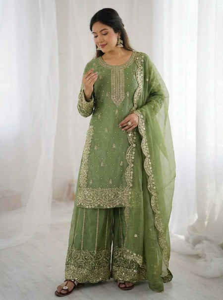Teeya Creation Parrot Green Color Fendy Silk Embroidery Work Wedding Wear Salwar Suit