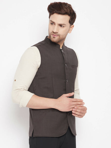 Even Apparels Brown Merino Men Woven Nehru Jacket