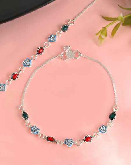 VOJ Set of 2 Silver Plated Heart Shaped Stone Studded Anklet