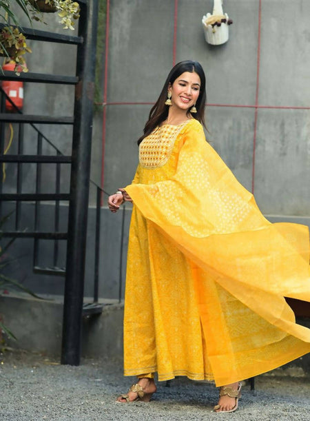 Yufta Women Mustard Handblock Printed Kurta with Trouser & Dupatta