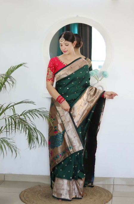 Green Woven Jacquard Designer Embroidery Work Party Wear Saree - Parampara