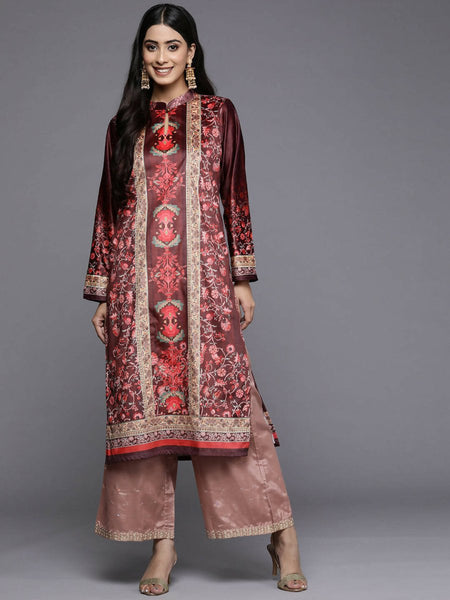 Ahalyaa Women Burgundy & Golden Floral Printed Gotta Patti Floral Velvet Kurta