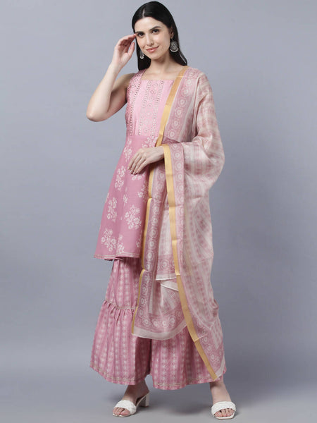 Myshka Women Peach-Coloured White Floral Printed Kurta with Sharara With Dupatta Set