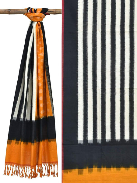 Orange and Black Pochampally Ikat Cotton Handloom Dupatta with Strips and Buta Design - Global Threads
