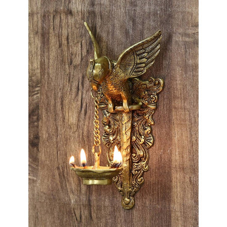 eCraftIndia Gold-Toned Handcrafted Bird Wall Hanging with Diya for 5 wicks