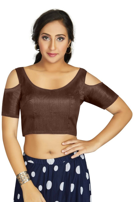 Aastha Fashion Women's Coffee Art Silk Cold Shoulder Sleeve Readymade Blouse